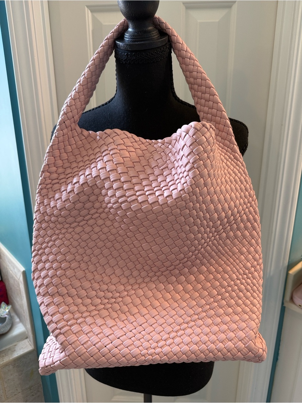 NWOT Blush Pink Woven Vegan Leather Slouchy Hobo Shoulder Bag Tote Large